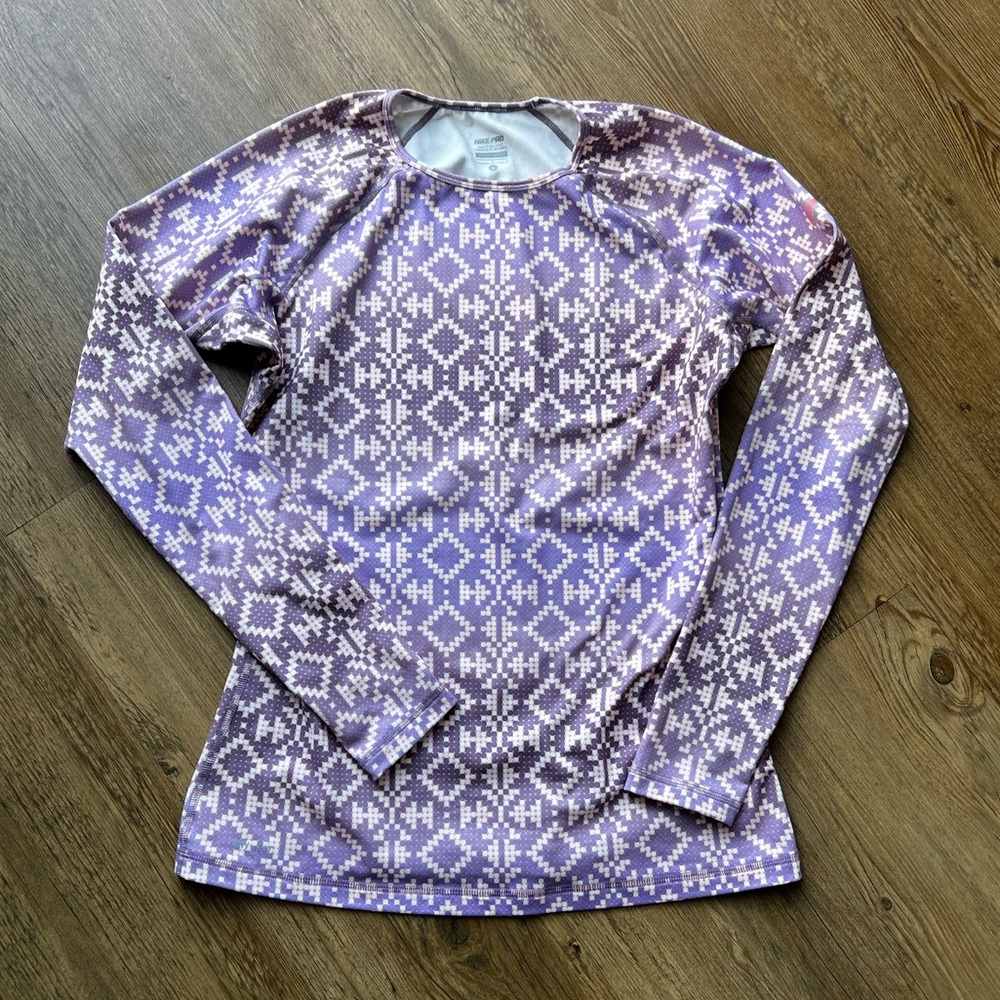 Nike Pro Warm Base Layer Thermal Blouse Top Fleece Lined Purple Size Large